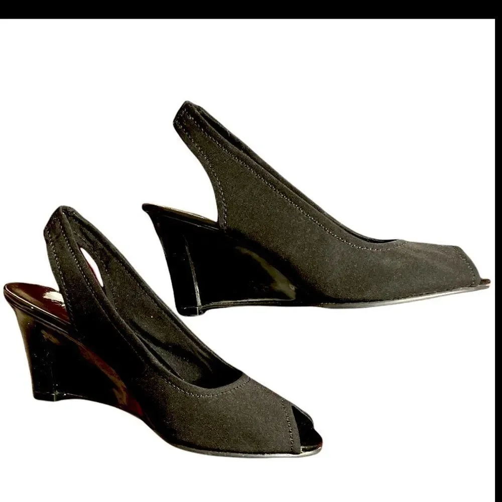 Vintage Black Karen Scott fabric Peep toe sling backs size 6